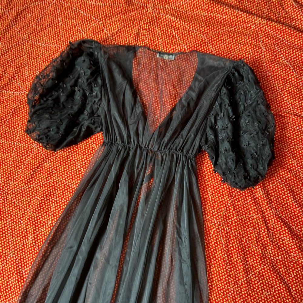 Vintage Miss Elaine Black Sheer Nylon Maxi Robe Peignoir Puff Sleeve Bows Large - Picture 5 of 9
